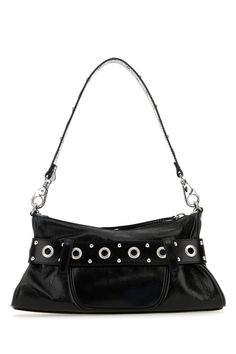 100% Calf leather Lining: 100% Cotton Finishing: 100% Silver metal Designer Leather Shoulder Bag With Metal Hardware, Party Leather Shoulder Bag With Metal Hardware, Edgy Evening Shoulder Bag With Silver-tone Hardware, Leather Shoulder Bag With Branded Hardware For Party, Party Leather Shoulder Bag With Branded Hardware, Edgy Leather Bag With Detachable Strap, Edgy Leather Shoulder Bag With Metal Hardware, Edgy Leather Shoulder Bag With Detachable Strap, Gothic Logo