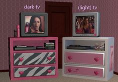 two tvs sitting on top of dressers in a room with pink walls and carpet