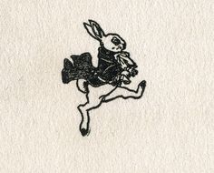 a black and white drawing of a rabbit running with a bag on its back in the air