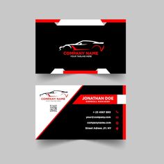 a black and red business card with an image of a car on the front, and a