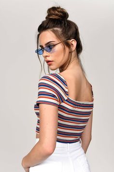 Retro Vibes All The Time In The Pretty Illusion Multi Stripe Crop Top. This Tight Crop Top Features A Square Neckline, Short Cap Sleeves, And Colorful Stripe Print. This Ribbed Shirt Will Look Killer With Mom Jeans And A Scrunchie. Retro Ribbed Tops For Summer, Retro Ribbed Summer Top, Casual Striped Crop Top, Summer Ribbed Crop Top With Short Sleeves, Multicolor Ribbed Tops For Summer, 90s Inspired Short Sleeve Crop Top For Spring, Spring 90s Inspired Short Sleeve Crop Top, 90s Inspired Fitted Crop Top For Spring, Striped Short Sleeve Crop Top For Spring