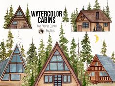 watercolor cabin clipart set with pine trees and moon in the sky above them