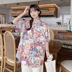 Size Chart: Casual Summer Shirt With Cat Design, Summer Cotton Shirt With Cat Design, Casual Short Sleeve Shirt With Cat Print, Casual Cat Design Short Sleeve Shirt, Casual Short Sleeve Shirt With Cat Design, Cute Relaxed Fit Printed Shirt, Clothes Korean Style, Y2k Streetwear, Print Blouse