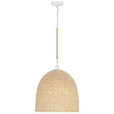 the light fixture is made out of straw and has a white cord hanging from it