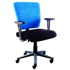 an office chair with blue fabric on the back