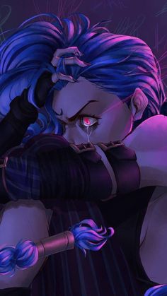 an anime character with blue hair and red eyes