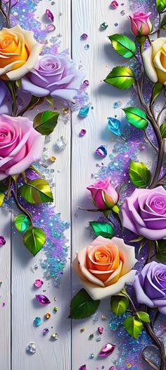 colorful roses on white wooden background with glitter