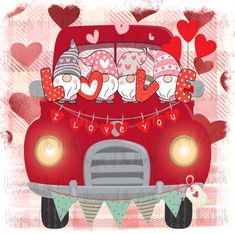 a red car with hearts and buntings on it