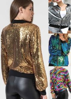 Top Rated Women Sequin Glitter Bomber Jacket Ladies Biker Festival Clubbing Party Club Top, Womens-jacket Metallic Disco Outerwear For Party, Trendy Gold Outerwear For Party, Trendy Gold Party Outerwear, Glitter Outerwear For Party Season, Metallic Outerwear For Winter Party, Metallic Outerwear For Party In Winter, Metallic Winter Party Outerwear, Metallic Sequined Outerwear For Party, Metallic Sequin Party Outerwear