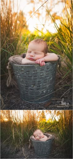 a baby is laying in a basket on the ground and it's been taken