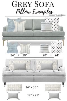 the grey sofa is shown with pillows and pillow covers on it, along with measurements for each