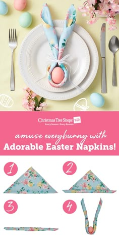 an easter table setting with napkins, forks and spoons