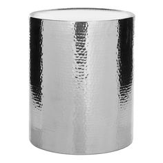 a silver metal trash can on a white background