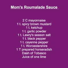 a purple poster with the words mom's romade sauce written in different languages