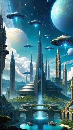 an alien city is surrounded by aliens and spaceships in the sky, with water running between them