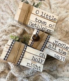 three wooden blocks with words on them sitting on a blanket next to a vase and potted plant