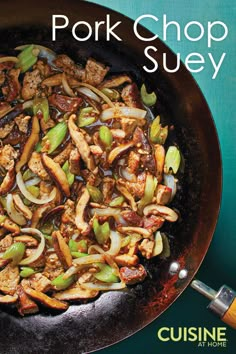 the cover of pork chop suey is shown in a skillet with onions and peppers