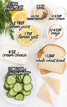 the ingredients to make this sandwich include bread, cucumbers and lemon slices on toast