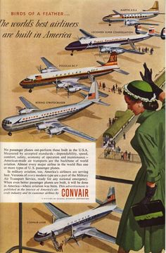 an advertisement for convair airplanes from the 1950's shows women looking at planes