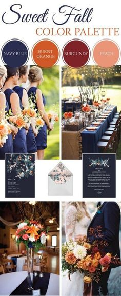 the color scheme for this wedding is blue and orange