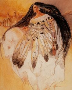 a drawing of a woman with long hair and feathers