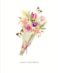 a birthday card with flowers and butterflies on it