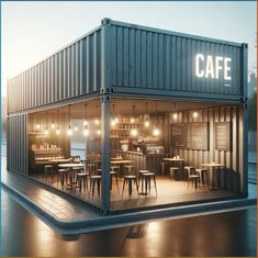 a container with tables and chairs in front of it that is lit up at night