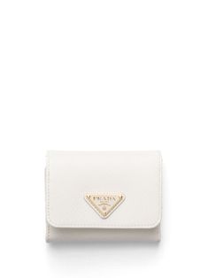 off-white leather gold-tone hardware enamel triangle logo tri-fold design press-stud fastening internal card slots internal zip-fastening pocket Butterfly Photography, White Wallet, Pretty Accessories, Designer Wallet, Pinterest Ideas, Girly Bags, School Dance, Prada Saffiano