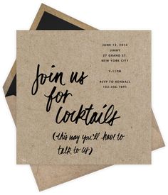 two cards with the words, join us for cocktails and an envelope on top