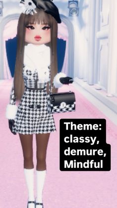 a girl in a dress and hat walking down a pink carpeted hallway with text that reads theme classy, demure, mindful