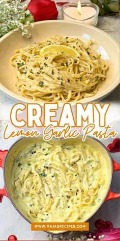 creamy lemon garlic pasta in a red pan on a white table with flowers and candles