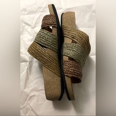 Taos Footwear Distressed Tri-Color Woven Jute Cork Wedge Slide Mules Size Us 8-8.5 Nwob Casual Khaki Sandals For The Beach, Comfortable Brown Wedge Sandals For Vacation, Khaki Casual Sandals For Spring, Comfortable Brown Wedge Sandals For Beach, Casual Natural Wedge Sandals With Textured Footbed, Casual Brown Wedge Sandals With Woven Sole, Casual Natural Straw Wedge Sandals, Brown Adjustable Wedge Sandals, Casual Style, Brown Adjustable Casual Wedge Sandals