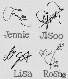 four different autographs are shown in red and black ink on white paper, with the names