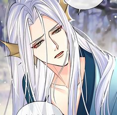 an anime character with long white hair and a crown on his head is staring at the camera