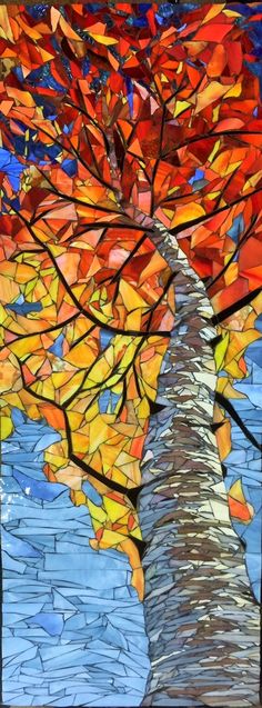 a painting of a tree with orange leaves