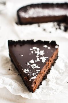 a slice of chocolate pie on top of white paper