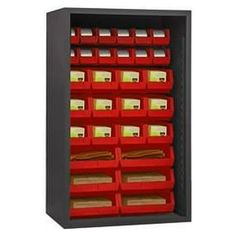 a black cabinet with red bins filled with files