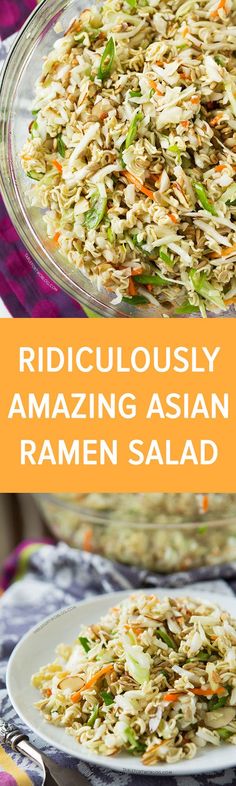 This ridiculously amazing Asian ramen salad will have you and your guests going back for thirds and fourths. Everyone will be asking for the recipe and you'll want to bring this easy dish to every potluck! Quick Picnic Side Dishes, Ramen Slaw, Asian Ramen Salad, Asian Ramen, Potluck Food, Ramen Salad, Summer Sides, Pot Luck, Ramen Noodle