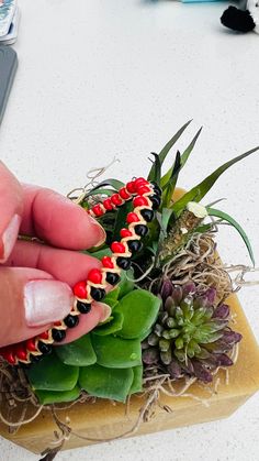 a person is holding some plants in their hand on a table with other things around them