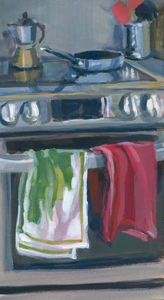 an oil painting of a stove with towels hanging from it