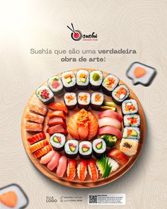 an advertisement for sushi is displayed on a plate