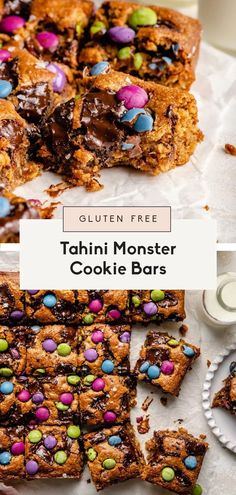 tahitii monster cookie bars with chocolate and candy on top