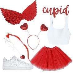 a red tutu skirt, white top and sneakers