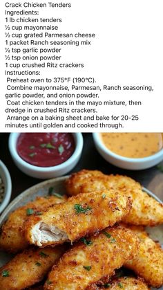 chicken tenderies recipe on a plate with dipping sauces