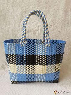 Bird in Bag - Blue and Black Plaid Woven Shoulder Bag - Stylish and Functional for Shopping, Travel, and More. Blue Square Vacation Bag, Square Blue Vacation Bag, Blue Square Bag For Beach, Blue Square Beach Bag, Square Blue Beach Bag, Everyday Woven Blue Bags, Everyday Blue Woven Bag, Casual Blue Woven Shoulder Bag, Blue Woven Shopping Bag