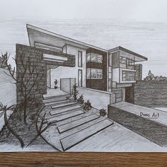 a drawing of a house with stairs leading up to it