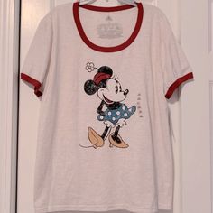 Brand New Disney Minnie A Mouse T-Shirt Heathered Jersey Knit Ribbed Contrast Scoop Neck And Sleeve Cuffs 50% Polyester 37% Cotton 13% Viscose Imported Color Is Off-White Disney Minnie Mouse Crew Neck T-shirt, Minnie Mouse Short Sleeve T-shirt For Disney Trips, Minnie Mouse Crew Neck Top For Disney Events, Minnie Mouse Crew Neck Top For Disney Trips, Casual Tops For Disney Trips, Cute Mickey Mouse Crew Neck Top, Minnie Mouse Graphic Tee With Crew Neck, Cute Minnie Mouse Tops For Disney Trips, Cute Minnie Mouse Top For Disney Trips