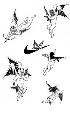 six different types of devil tattoos on white paper