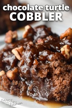 chocolate turtle cobbler on a white plate with the words, chocolate turtle cobbler