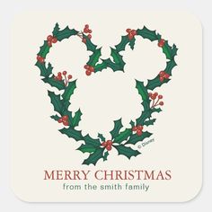 merry christmas from the smith family square sticker with holly leaves and berries on white background